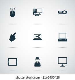 Gadget icons set with computer, monitor, computer repair and other pointer elements. Isolated vector illustration gadget icons.
