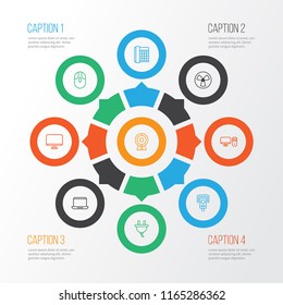Gadget icons set with desktop PC, cursor mouse, office telephone and other monitor elements. Isolated vector illustration gadget icons.