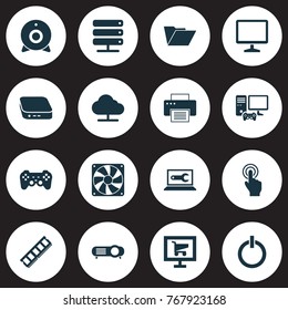 Gadget icons set with dossier, tree, gamer computer and other printing machine elements. Isolated vector illustration gadget icons.