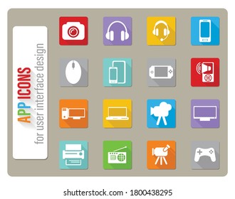 gadget icons set in flat design with long shadow