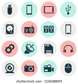 Gadget icons set with floppy disk, smartphone, flash drive and other tablet elements. Isolated vector illustration gadget icons.
