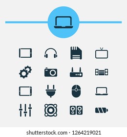 Gadget icons set with floppy disk, laptop, tv and other notebook elements. Isolated vector illustration gadget icons.