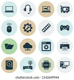 Gadget icons set with gamepad, folder, printer and other joystick elements. Isolated vector illustration gadget icons.