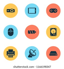 Gadget icons set with hdd, joystick, hard drive and other click elements. Isolated vector illustration gadget icons.