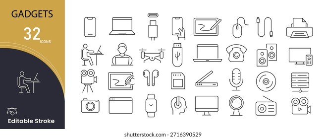 Conjunto de iconos de gadget. Incluye iconos para dispositivos electrónicos, herramientas inteligentes, equipos de tecnología moderna y accesorios digitales. Perfecto para Sitios web en tecnología, App e imágenes de productos. Trazo editable.