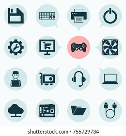Gadget Icons Set. Includes Icons Such As Online Market, Usb, Power On And Other.