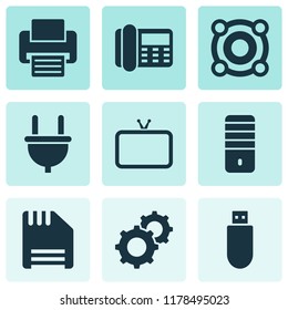 Gadget icons set with loudspeaker, cable, flash drive and other gear elements. Isolated vector illustration gadget icons.