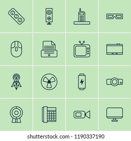 Gadget icons set with loudspeaker, socket, screen and other presentation elements. Isolated vector illustration gadget icons.
