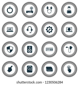 Gadget icons set with man with laptop, wifi modem, keyboard and other amplifier elements. Isolated vector illustration gadget icons.