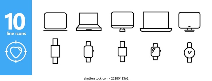 Gadget icons set. Manitor, computer, laptop, work, time, clock, health, earnings. Gadget concept. Vector line icon for business.