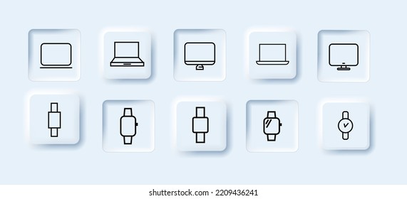 Gadget icons set. Mantor, computer, laptop, pc, watch, time, fitness watch. Neomorphism style. Vector line icon for business.