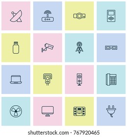 Gadget icons set with monitor, boombox, socket and other usb elements. Isolated vector illustration gadget icons.