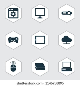 Gadget icons set with online cloud, projector, control device and other desktop elements. Isolated vector illustration gadget icons.