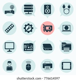 Gadget icons set with palmtop, printing machine, multifunction printer and other dynamic memory elements. Isolated vector illustration gadget icons.