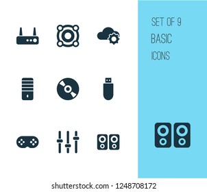 Gadget icons set with PC, router, setting and other equalizer elements. Isolated vector illustration gadget icons.
