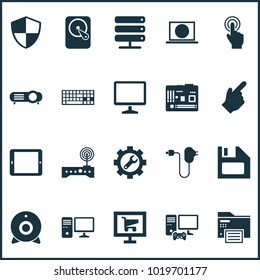 Gadget icons set with printing machine, hard disk, wifi modem and other palmtop elements. Isolated vector illustration gadget icons.