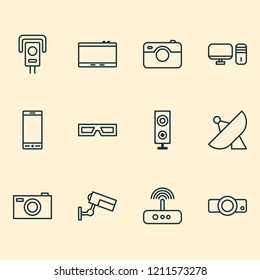 Gadget icons set with projector, photo apparatus, photographing and other digital camera elements. Isolated vector illustration gadget icons.
