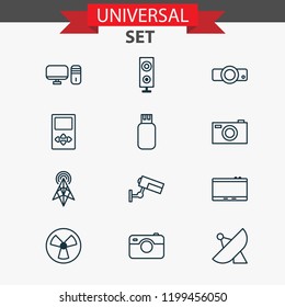 Gadget icons set with tablet, projector, sputnik and other usb elements. Isolated vector illustration gadget icons.