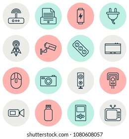 Gadget icons set with tablet, video camera, flash drive and other usb elements. Isolated vector illustration gadget icons.