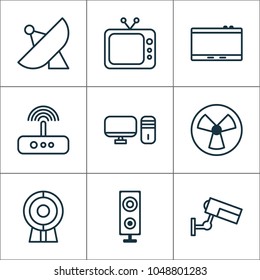 Gadget icons set with tablet, web cam, desktop PC and other gadget elements. Isolated vector illustration gadget icons.