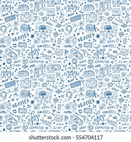 Gadget icons Vector Seamless pattern. Hand Drawn Doodle Computer Game items. Video Games Background.