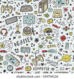 Gadget icons Vector Seamless pattern. Hand Drawn Doodle Computer Game items. Video Games Background.