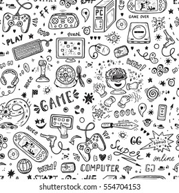 Gadget icons Vector Seamless pattern. Hand Drawn Doodle Computer Game items. Video Games Background.