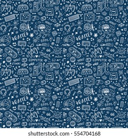 Gadget icons Vector Seamless pattern. Hand Drawn Doodle Computer Game items. Video Games Background.