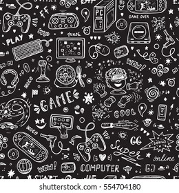 Gadget icons Vector Seamless pattern. Hand Drawn Doodle Computer Game items. Video Games Background.