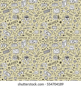 Gadget icons Vector Seamless pattern. Hand Drawn Doodle Computer Game items. Video Games Background.