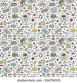 Gadget icons Vector Seamless pattern. Hand Drawn Doodle Computer Game items. Video Games Background.