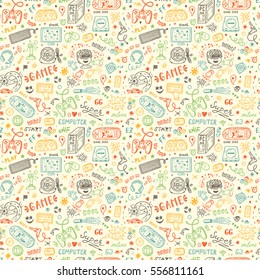 Gadget icons Vector Seamless pattern. Hand Drawn Doodle Computer Game items. Video Games Background