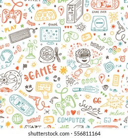 Gadget icons Vector Seamless pattern. Hand Drawn Doodle Computer Game items. Video Games Background