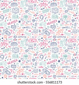 Gadget icons Vector Seamless pattern. Hand Drawn Doodle Computer Game items. Video Games Background