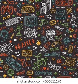 Gadget icons Vector Seamless pattern. Hand Drawn Doodle Computer Game items. Video Games Background