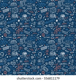 Gadget icons Vector Seamless pattern. Hand Drawn Doodle Computer Game items. Video Games Background