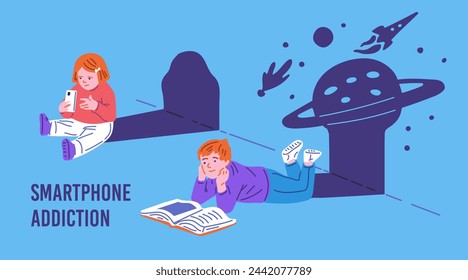 Banner de influencia de gadgets para niños. Ilustración vectorial que representa a un adolescente absorto en un libro, visualizando cuentos de hadas, y una niña pequeña sentada sin pensar con un teléfono en sus manos.