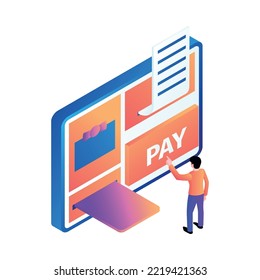 Gadget interface isometric icon with character doing online payments 3d vector illustration