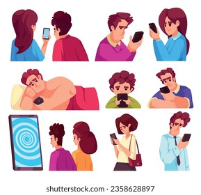 Gadget internet and social networks addiction flat set with frustrated people using smartphones isolated vector illustration