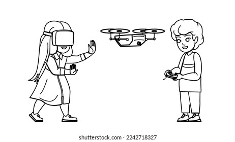 gadget kid line pencil drawing vector. happy technology, child internet, girl game, online using, home childhood gadget kid character. people Illustration