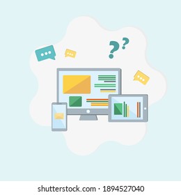 Gadget. Laptops, Desktop Computers, Phones, Tablet. Vector Illustration. Flat Style. Devices Electronics Gadget Concep.