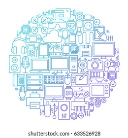 Diseño de círculo de iconos de línea de gadget. Ilustración vectorial de objetos tecnológicos y electrónicos.