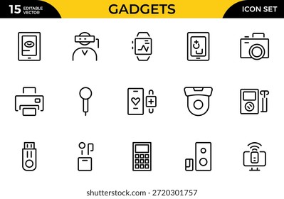 Conjunto de iconos de línea de gadget. Incluye ordenador portátil, tableta, teléfono inteligente, drone, monitor de ordenador, tecnología. Paquete de iconos de contorno delgado. Ilustración vectorial