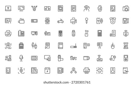 Conjunto de iconos de línea de gadget. Incluye ordenador portátil, tableta, teléfono inteligente, drone, monitor de ordenador, tecnología. Paquete de iconos de contorno delgado. Ilustración vectorial