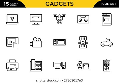 Conjunto de iconos de línea de gadget. Incluye ordenador portátil, tableta, teléfono inteligente, drone, monitor de ordenador, tecnología. Paquete de iconos de contorno delgado. Ilustración vectorial