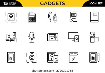 Conjunto de iconos de línea de gadget. Incluye ordenador portátil, tableta, teléfono inteligente, drone, monitor de ordenador, tecnología. Paquete de iconos de contorno delgado. Ilustración vectorial