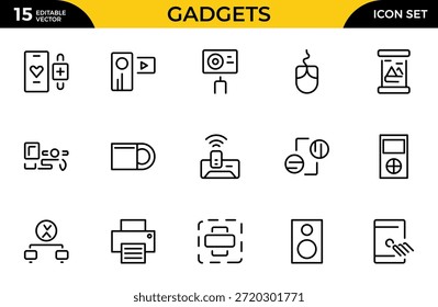 Conjunto de iconos de línea de gadget. Incluye ordenador portátil, tableta, teléfono inteligente, drone, monitor de ordenador, tecnología. Paquete de iconos de contorno delgado. Ilustración vectorial