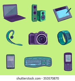 Gadget long shadow icons with notebook, phone, game pad, photo camera, tablet, pc, flash card, headphones, watches, computer, laptop, monitor, headphones and other