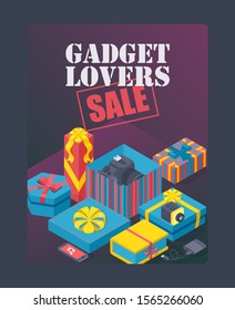 Gadget lovers sale poster, vector illustration. Expensive gifts in decorative boxes, birthday present package. Digital accessories store special offer, advertisement flyer, online shopping gadget sale