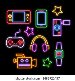 gadget neon icons, vector neon glow on dark background